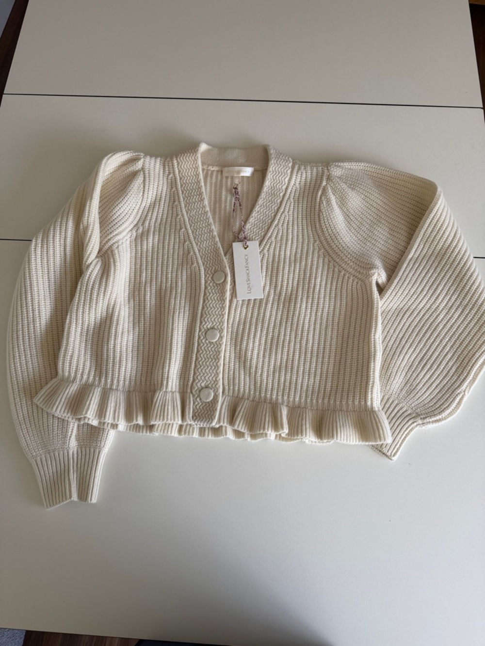 NEW LoveShackFancy Cream Ruffle-Hem Button Cardigan L
